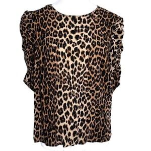 H&M Womens Leopard Print Puff‎ Sleeve Blouse Brown Black Medium Ruched Top